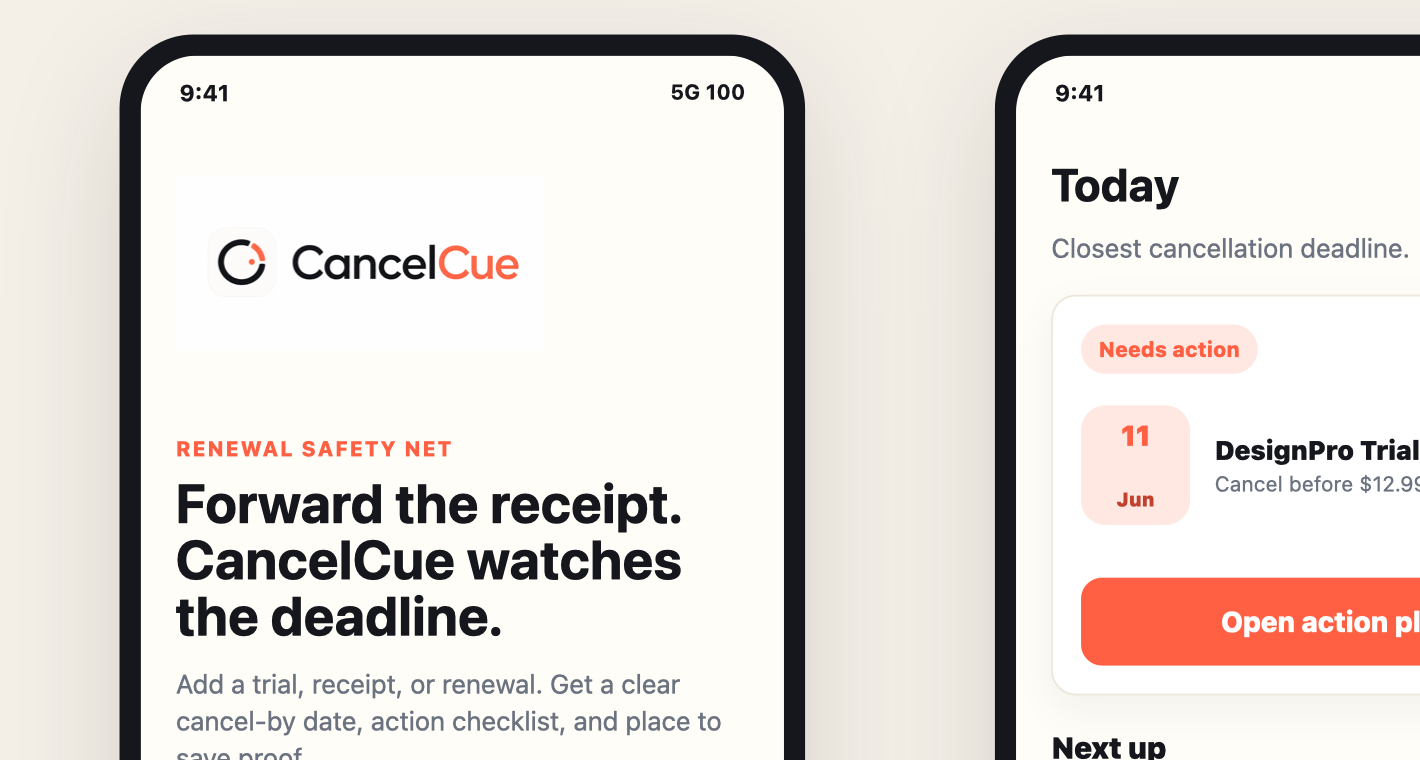 CancelCue iOS screens showing receipt, reminder, and proof flow